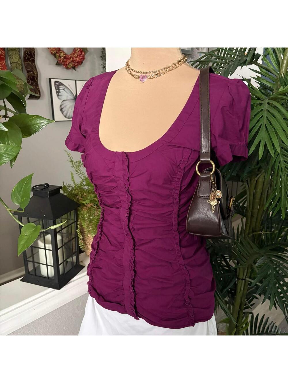 purple fitted ruched button up
